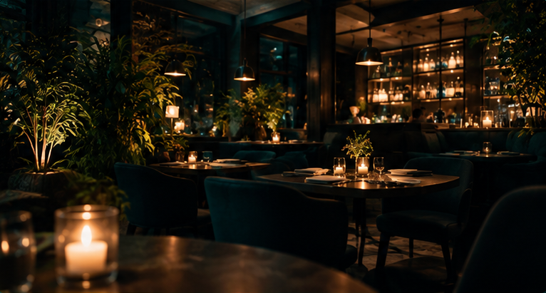 Sala de un restaurante por la noche, ambiente cálido